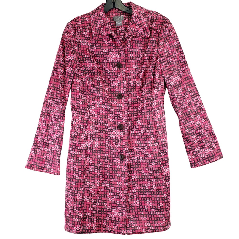 Sigrid Olsen Coat Womens 6 Brown Pink Circle Print Stretch Retro Longline Jacket